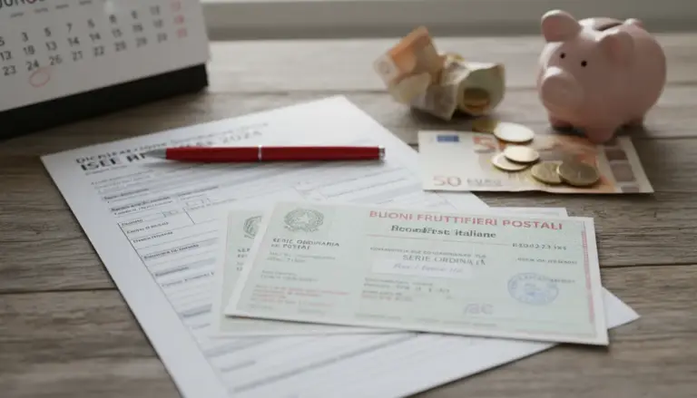 Modulo DSU per ISEE con buoni fruttiferi postali, penna e salvadanaio con banconote e monete su un tavolo