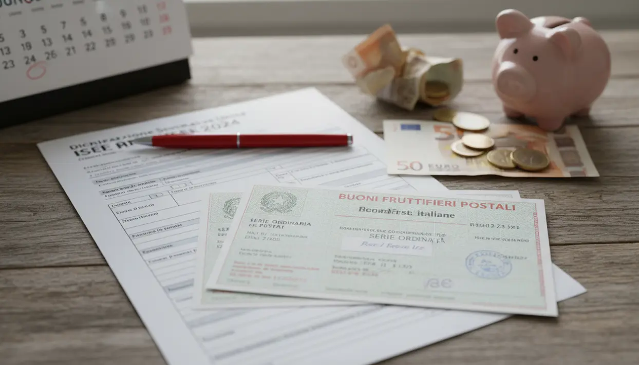 Modulo DSU per ISEE con buoni fruttiferi postali, penna e salvadanaio con banconote e monete su un tavolo