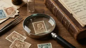 Francobollo italiano da 1,25 lire Michetti sotto una lente d’ingrandimento su tavolo con altri francobolli antichi