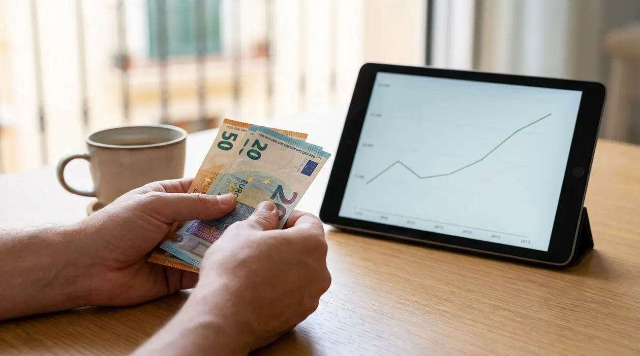 Una persona conta banconote in euro vicino a un tablet con grafico di crescita su un tavolo