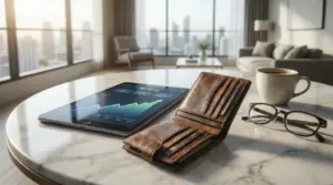 Tablet con grafico finanziario e portafoglio su tavolo in marmo, con tazza e occhiali in un salotto luminoso