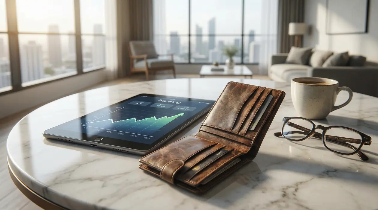 Tablet con grafico finanziario e portafoglio su tavolo in marmo, con tazza e occhiali in un salotto luminoso