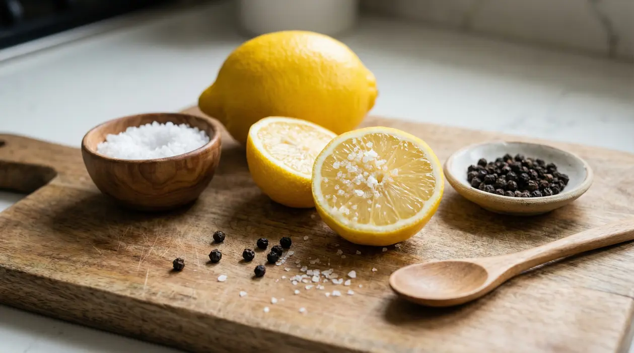 Limone tagliato, sale grosso e pepe nero su un tagliere di legno