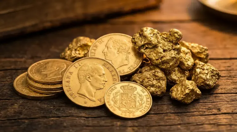 Monete d’oro tipo marengo con pepite d’oro su tavolo in legno, dettaglio utile per il valore al grammo