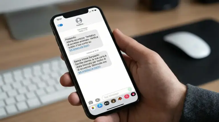 Mano che tiene uno smartphone con SMS sospetti e link, esempio di possibile truffa per rubare dati personali