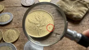 Moneta italiana da 20 lire vista con lente d’ingrandimento, con la lettera R vicino alla data, su tavolo di legno