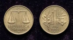 Dritto e rovescio della moneta italiana da 1 lira del 1953 con ape e rami d’ulivo