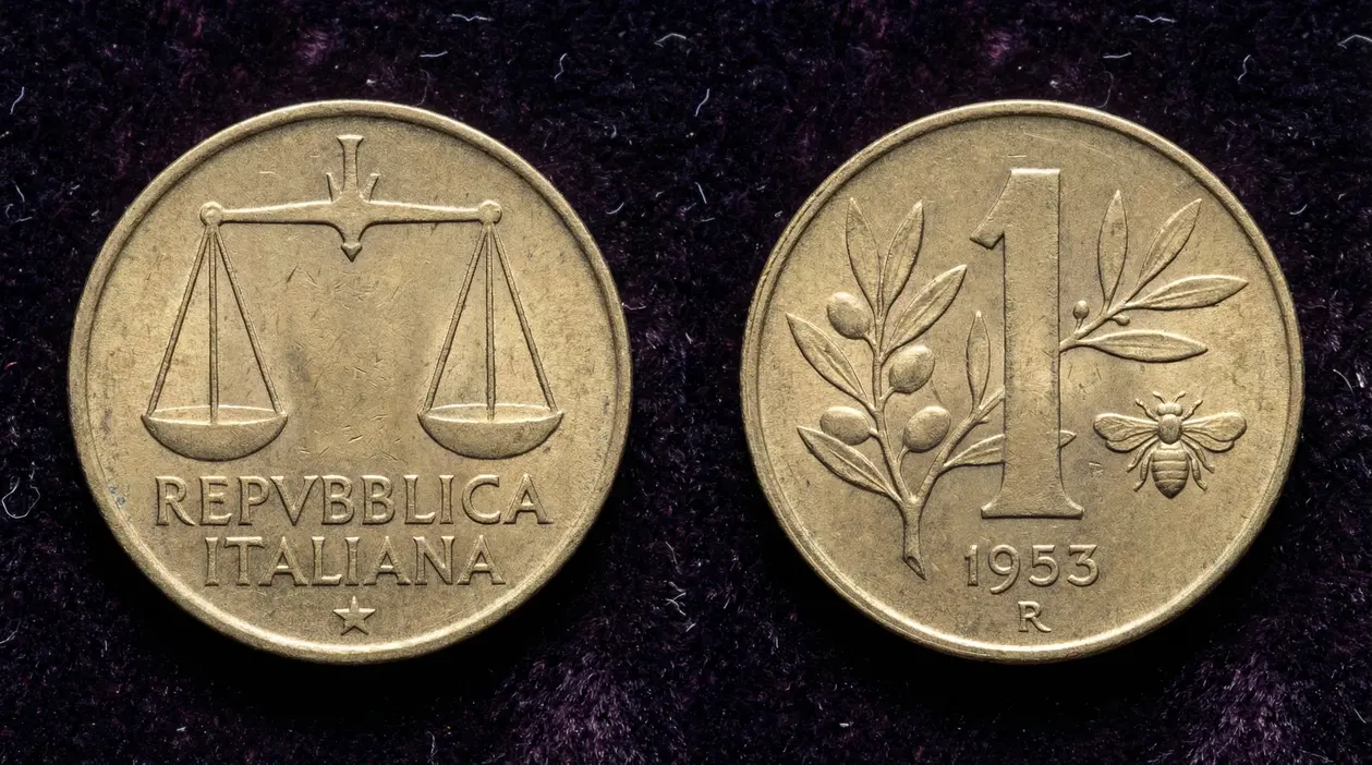 Dritto e rovescio della moneta italiana da 1 lira del 1953 con ape e rami d’ulivo