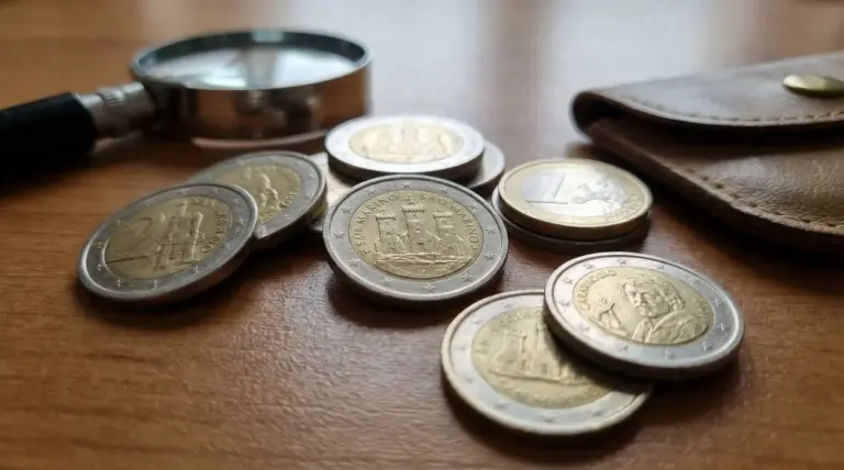 Monete euro di San Marino sparse su un tavolo accanto a una lente d'ingrandimento e un portafoglio