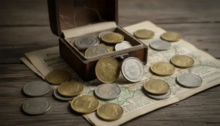 Monete svizzere sparse su una mappa, con cofanetto aperto pieno di monete su un tavolo di legno