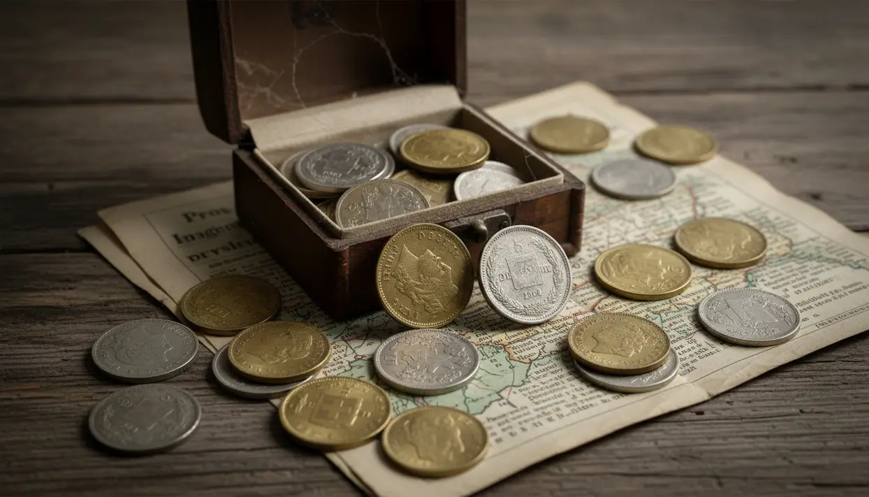 Monete svizzere sparse su una mappa, con cofanetto aperto pieno di monete su un tavolo di legno