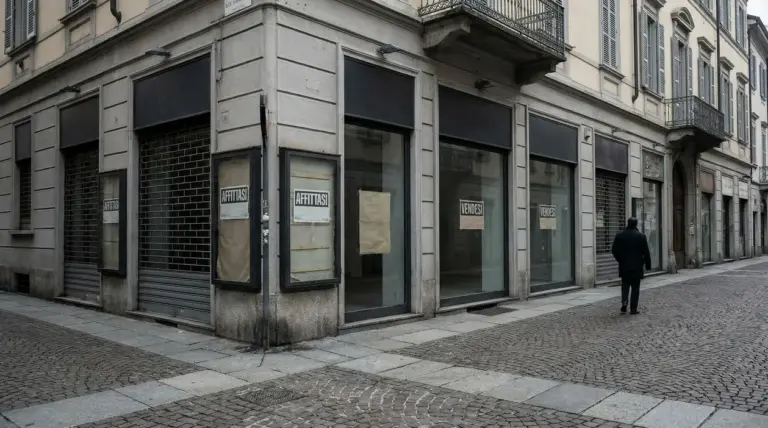 Vetrine di negozi chiusi con cartelli 'affittasi' e 'vendesi' in una strada deserta