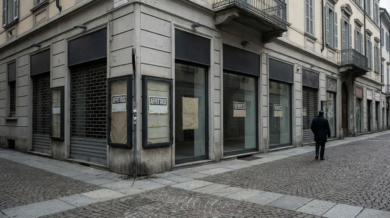 Vetrine di negozi chiusi con cartelli 'affittasi' e 'vendesi' in una strada deserta