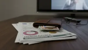 Portafoglio con banconote e monete sopra una bolletta con voce canone Rai