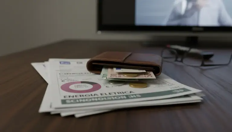 Portafoglio con banconote e monete sopra una bolletta con voce canone Rai