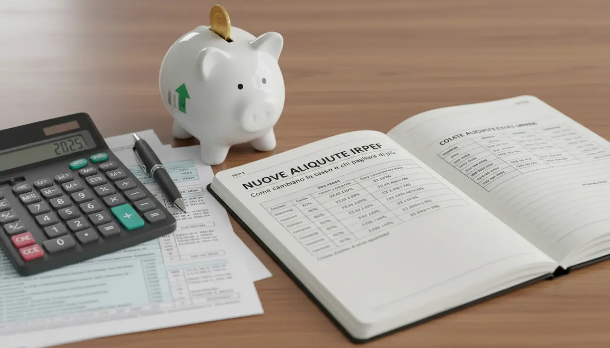 Salvadanaio, calcolatrice e tabelle su quaderno: calcolo delle nuove aliquote Irpef e impatto sulle tasse