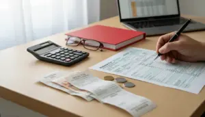 Mano che compila un modulo fiscale su una scrivania con calcolatrice, scontrini e monete