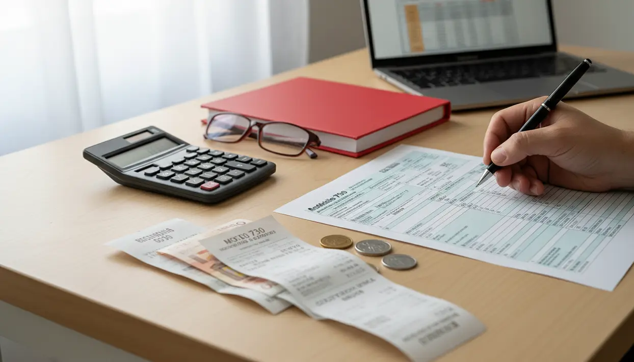 Mano che compila un modulo fiscale su una scrivania con calcolatrice, scontrini e monete