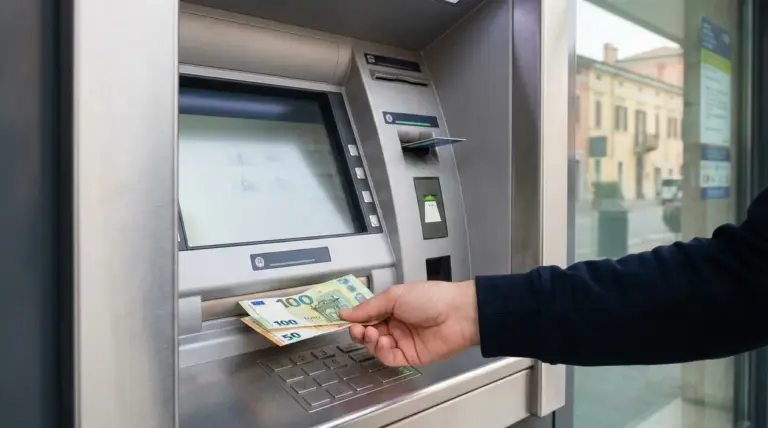 Una persona preleva contanti in euro da un bancomat, ritirando banconote da 100 e 50 euro