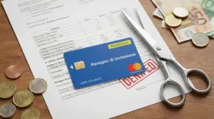 Carta dell'assegno di inclusione su un documento con forbici e monete