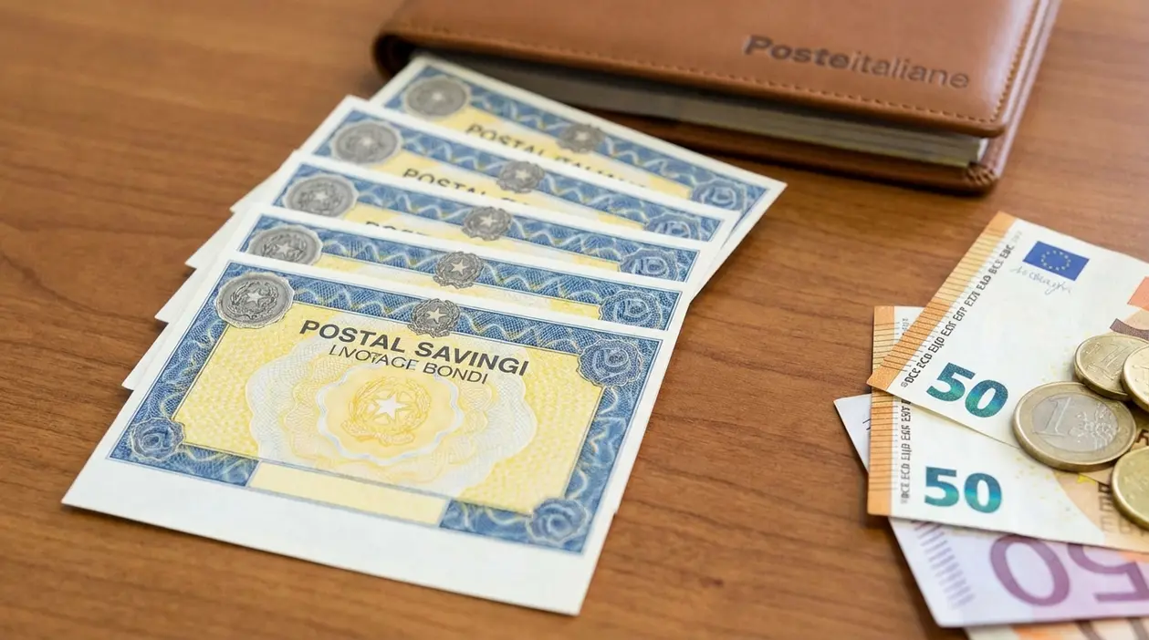 Buoni fruttiferi postali su un tavolo con banconote e monete in euro, accanto a un portafoglio