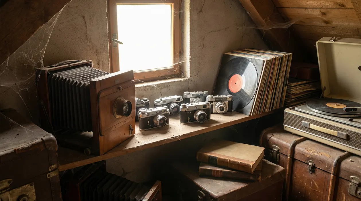 Vecchie macchine fotografiche, dischi in vinile e giradischi su uno scaffale in soffitta
