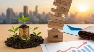 Monete impilate con piantine, blocchi di legno instabili e grafico finanziario su sfondo urbano