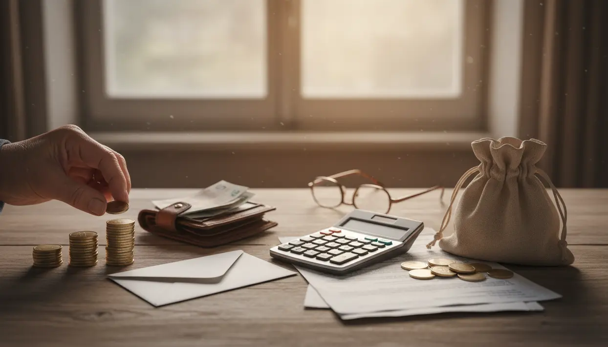 Persona che conta monete su un tavolo con calcolatrice, portafoglio e documenti