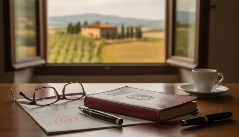 Documenti e taccuino su una scrivania con calendario e penna, vicino a una finestra, tema pensione anticipata