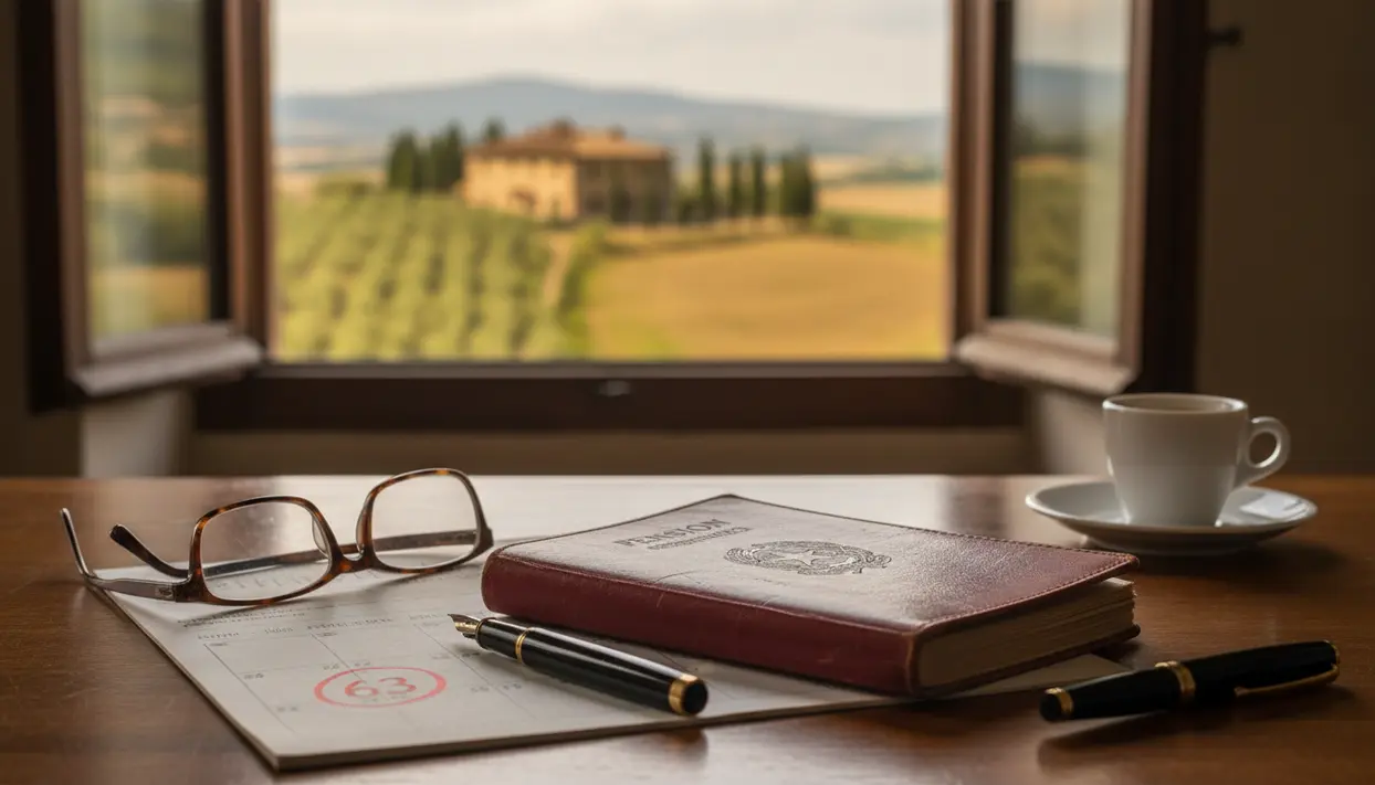 Documenti e taccuino su una scrivania con calendario e penna, vicino a una finestra, tema pensione anticipata