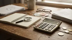 Calcolatrice, banconote e monete su una scrivania con taccuino e lente d’ingrandimento per calcoli pensionistici