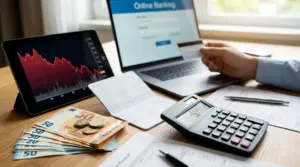 Scrivania con laptop di online banking, tablet con grafico in calo, calcolatrice, contanti in euro e documenti