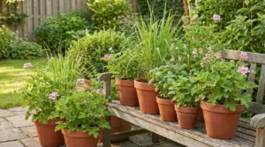 Vasi con piante aromatiche e fiori rosa su una panchina in legno in un giardino soleggiato