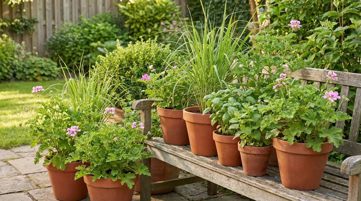 Vasi con piante aromatiche e fiori rosa su una panchina in legno in un giardino soleggiato