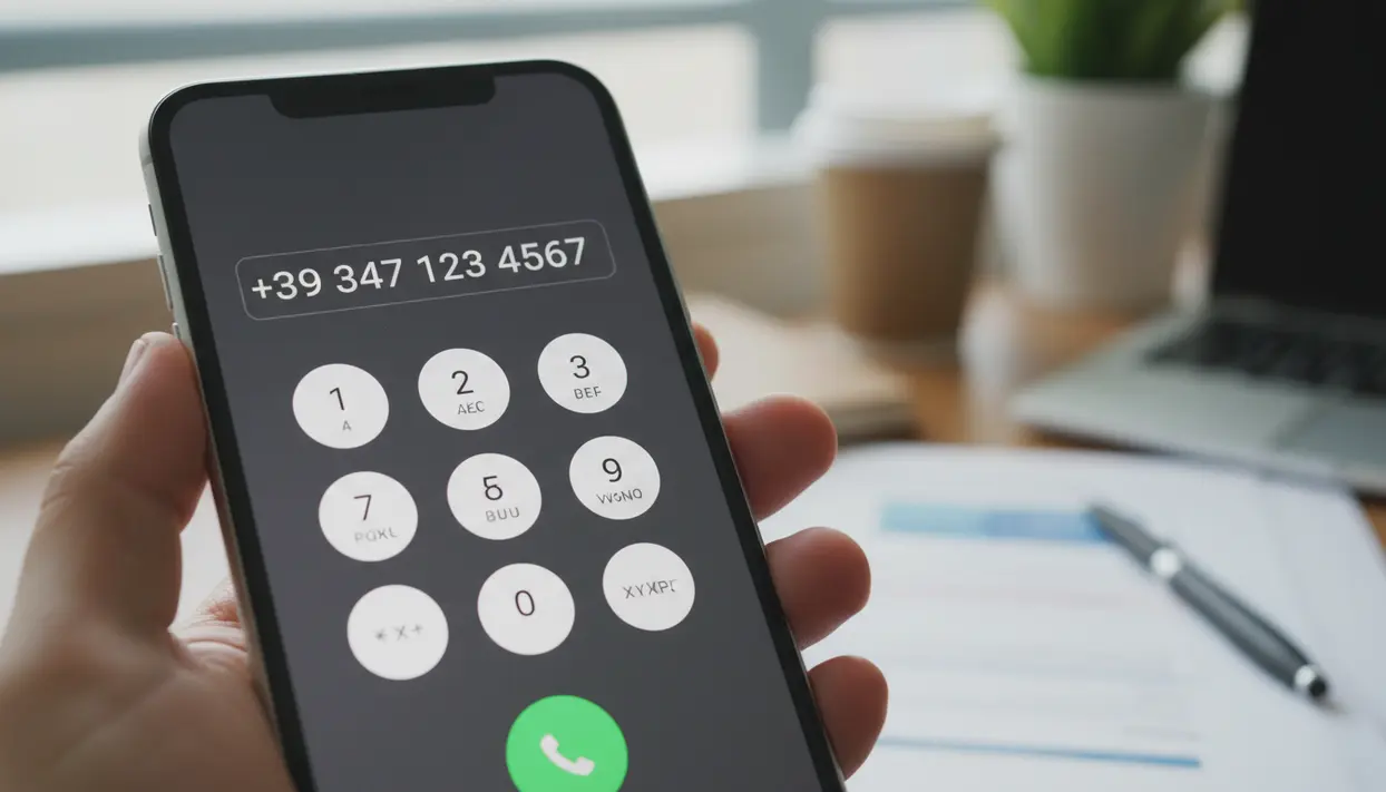 Persona che digita un numero con prefisso +39 su smartphone, con scrivania e laptop sullo sfondo