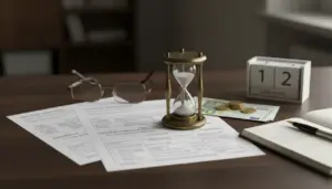 Clessidra su documenti di pagamento e calendario da tavolo, con banconote e monete, tema prescrizione cartelle IMU