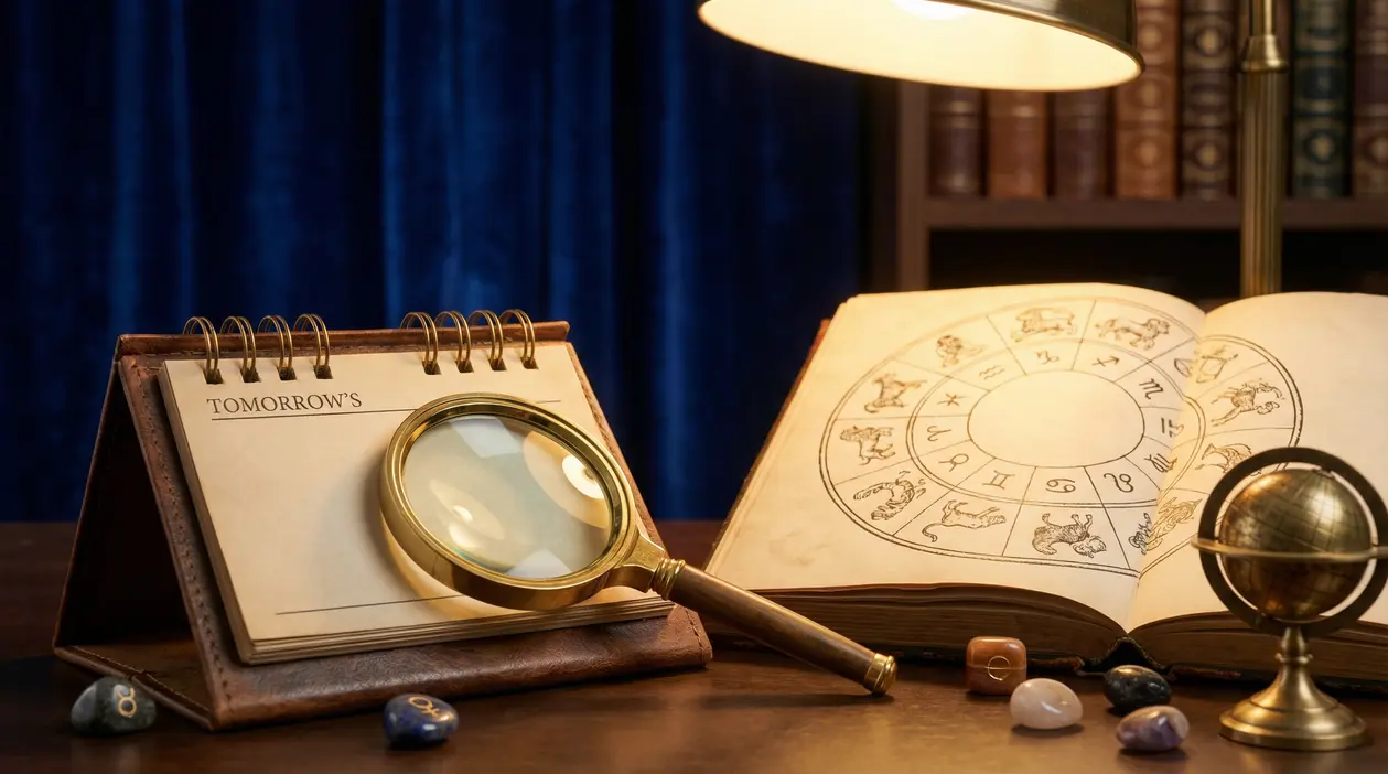 Oggetti astrologici su una scrivania, inclusi una lente d'ingrandimento, un libro con segni zodiacali e pietre.