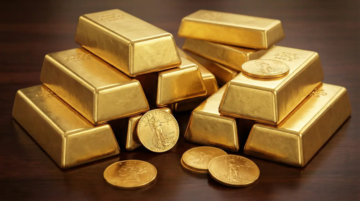 Lingotti e monete d’oro impilati su un tavolo, simbolo del prezzo dell’oro al grammo e dell’investimento in oro