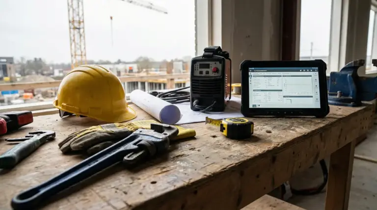 Banco da lavoro in cantiere con casco giallo, guanti, metro, chiave inglese e tablet per controlli tecnici