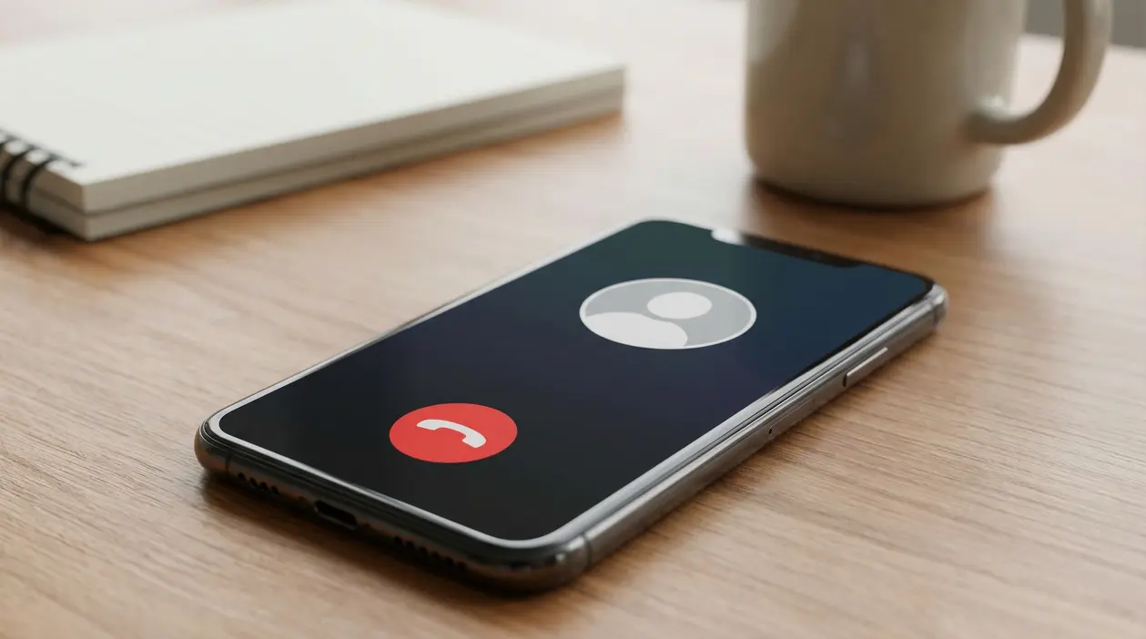 Smartphone su un tavolo con chiamata in arrivo da numero sconosciuto