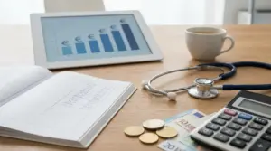 Scrivania con stetoscopio, calcolatrice e tablet con grafico, per analisi dei guadagni di un medico di base