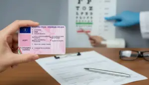 Mano che mostra una patente mentre un medico indica una tabella oculistica durante una visita per il rinnovo