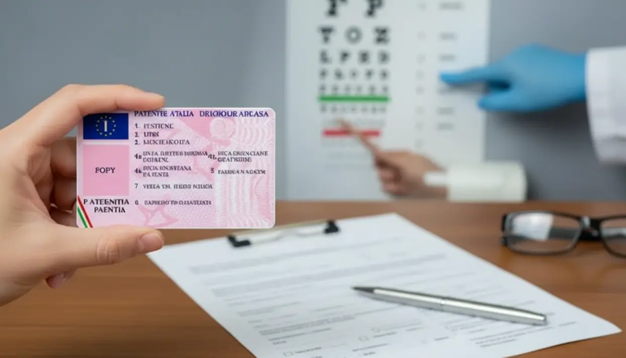 Mano che mostra una patente mentre un medico indica una tabella oculistica durante una visita per il rinnovo