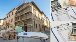 Lavori di rifacimento sulla facciata di un edificio condominiale con ponteggi e materiali da costruzione