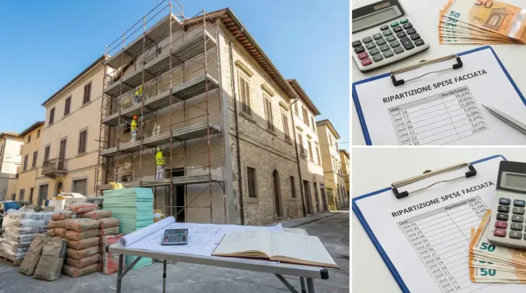 Lavori di rifacimento sulla facciata di un edificio condominiale con ponteggi e materiali da costruzione