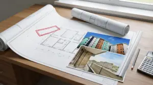 Planimetria edilizia su scrivania con foto di un condominio e strumenti di lavoro per pratica di sanatoria