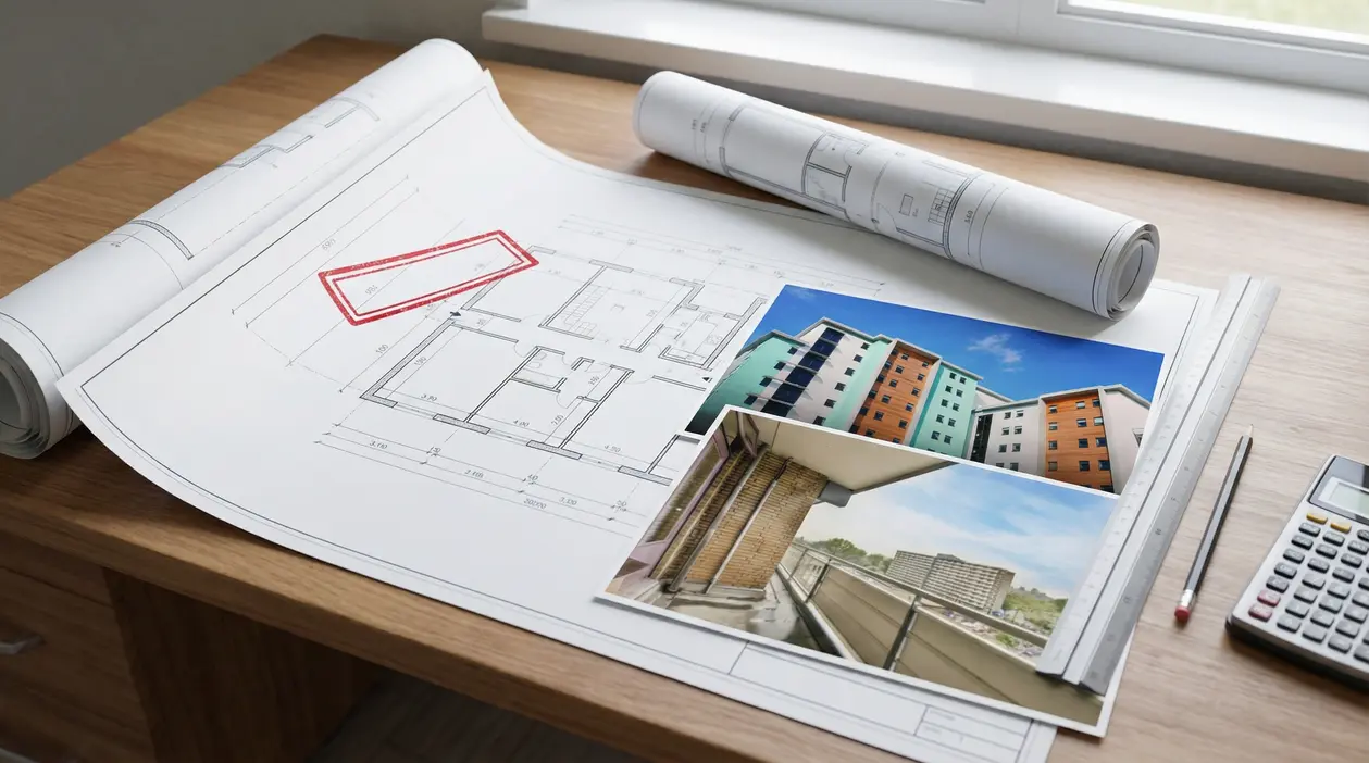 Planimetria edilizia su scrivania con foto di un condominio e strumenti di lavoro per pratica di sanatoria