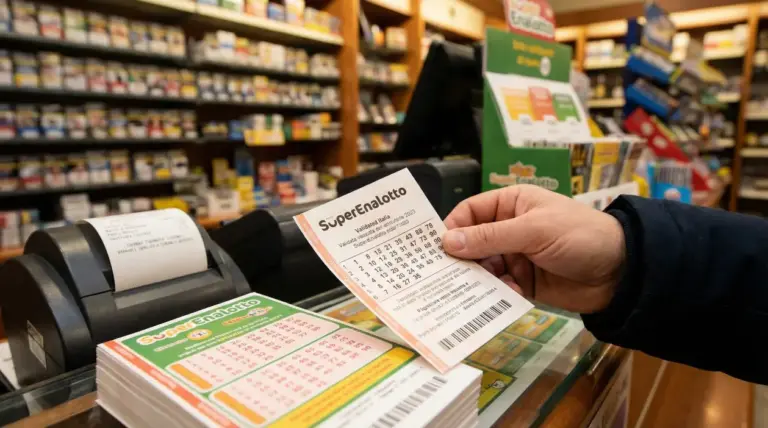 Persona tiene una schedina del Superenalotto in una ricevitoria