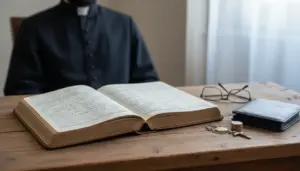 Un sacerdote al tavolo con un registro aperto, monete, occhiali e portafoglio, tema stipendio mensile reale