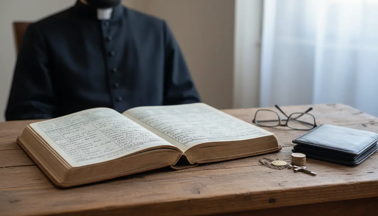 Un sacerdote al tavolo con un registro aperto, monete, occhiali e portafoglio, tema stipendio mensile reale